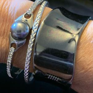 1” silver cuff bracelet, 1 silver bangle, 1 silver stretch bangle w/ rhinestones